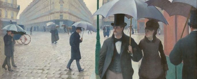 Gustave Caillebotte 19th-century painting of man and women under an umbrella walking a Paris street
