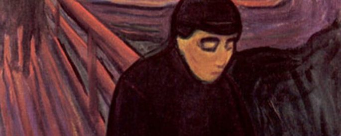 Edvard Munch painting, Despair - person on a fenced bridge with eyes cast downward