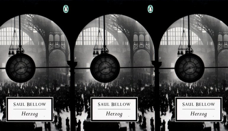 Herzog cover, black-and-white with a clock in the foreground, in a repeated pattern