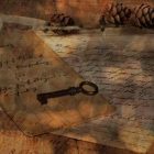 handwritten letters strewn on a surface with an old key on top and pine cones in a corner
