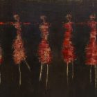 abstract figures in red tones against a dark brown background