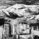 abstract black and white painting of mountain in background with cityscape in the foreground