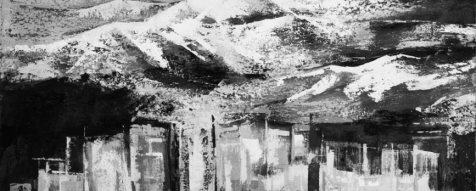 abstract black and white painting of mountain in background with cityscape in the foreground