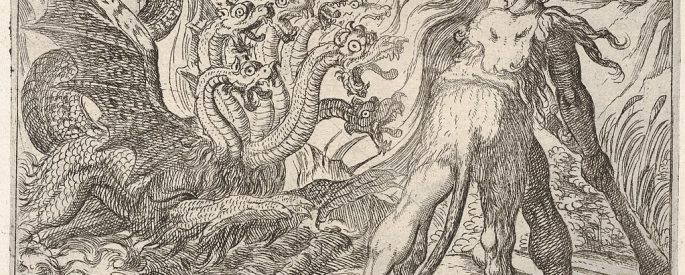 An old etching of the Greek hero Hercules fighting the monster Hydra of Lerna.