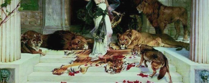 Classic Greek painting of the goddess Circe surrounded by lions