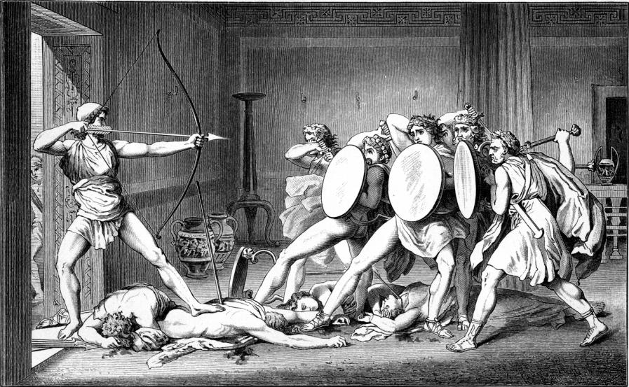 Artwork depicting Odysseus facing Penelope's suitors