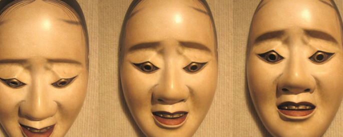 The noh masks, from left to right, indicated three different emotions.
