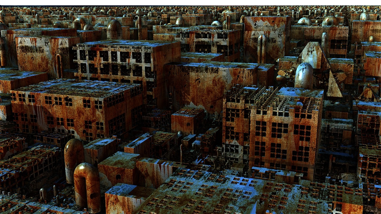 A ruined and aged city is looked at from a birdseye view.