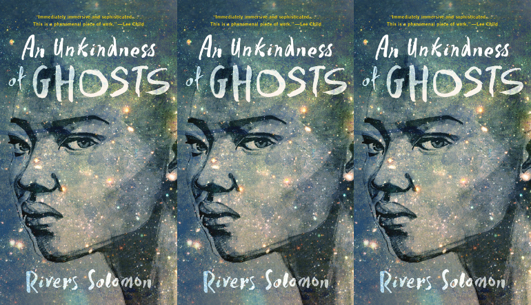 The cover of An Unkindness of Ghosts side by side.