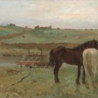 a painting of two horses standing next to each other in front of a pastoral scene