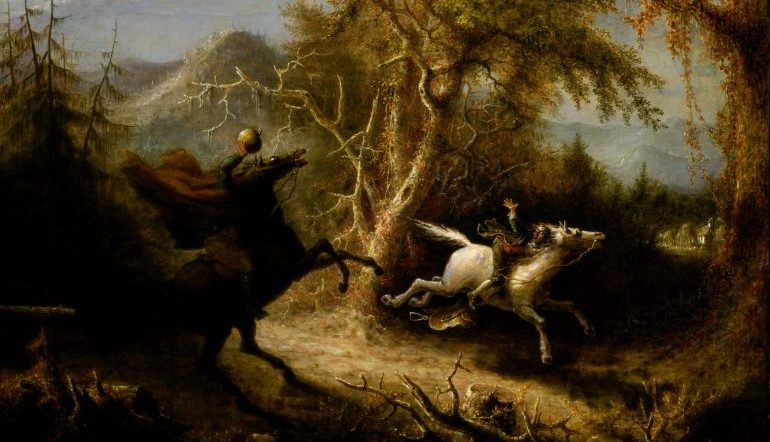 painting depicting a headless horseman on a black horse pursuing a man on a white horse through a forest