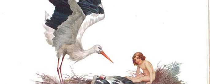 a painting of a stork with a baby in its nest