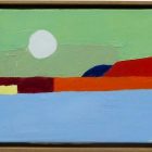 White wall with a framed painting centered. Painting shows a green sky, a white sun, red rocks, and blue water, all very abstract and color-blocked