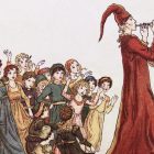 Drawing of the Pied Piper playing his flute and leading a group of children