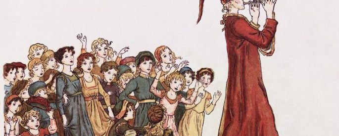 Drawing of the Pied Piper playing his flute and leading a group of children