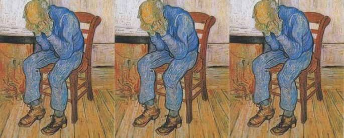 Painting by Vincent van Gogh showing an old man sitting on a chair with his head in his hands