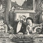 Line drawing of a formal dinner party complete with two butlers and people in fancy dress