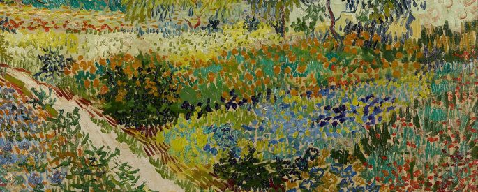 a painting by Vincent van Gogh of a lush garden with a building in the distant background