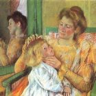 a painting of a woman combing her child's hair, with this scene reflected in a mirror next to them
