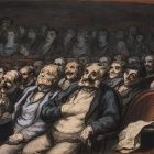 a painting of men seating in theatre seats from the mid-1800s