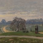 a painting of a park with buildings in the distance
