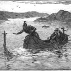 a drawing of two people on a boat next a hand coming out from a lake holding a sword