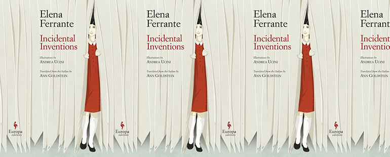 the book cover for Incidental Inventions featuring a girl in a red dress peering out from behind a curtain