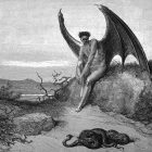 a drawing of a man with wings and cloven feet sitting on a rock next to a pile of snakes