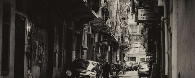 a black and white photograph of the Bourj Hammoud district in Beirut