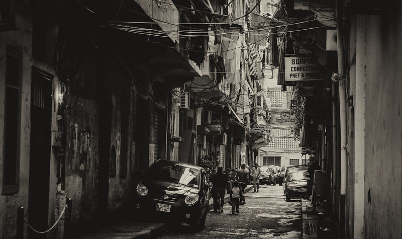 a black and white photograph of the Bourj Hammoud district in Beirut