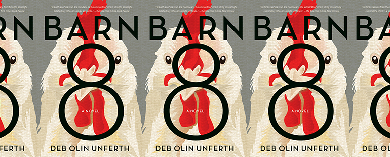 the book cover for Barn 8 featuring a drawing of a chicken's head