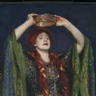 painted portrait of an imagined Lady Macbeth, with long red hair and green robes, arms outstretched, placing a crown on her own head