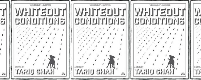 side by side series of the cover of Whiteout Conditions by Tariq Shah - the cover features a cartoon-esque drawing of a blizzard and the silhouette of a small dog