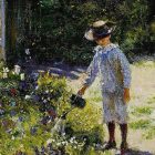 Impressionist painting of two children watering a lush, pastoral garden landscape filled with flowers