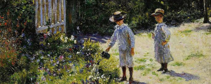 Impressionist painting of two children watering a lush, pastoral garden landscape filled with flowers