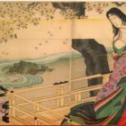 illustrated, stylized depiction of Heian court life, featuring two figures in a illustration-rendered landscape with cherry blossoms, a winding river, and figures dressed in traditional wear