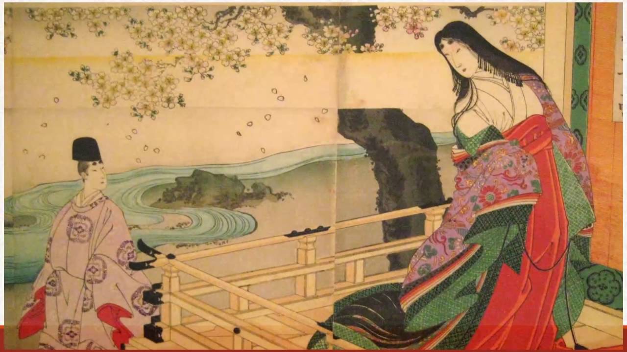 illustrated, stylized depiction of Heian court life, featuring two figures in a illustration-rendered landscape with cherry blossoms, a winding river, and figures dressed in traditional wear
