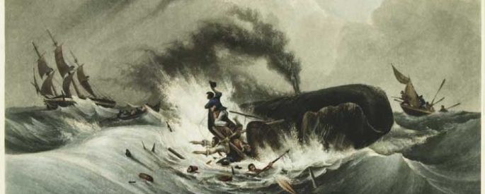 Painting from around 1840 from an unknown author features a dramatic scene against a stormy gray sky of a group of whalers