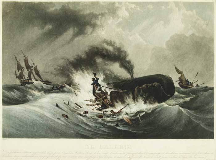 Painting from around 1840 from an unknown author features a dramatic scene against a stormy gray sky of a group of whalers 