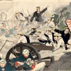 an illustration of the battle of Pyongyang by the artist Mizuno To in traditional Japanese illustration style