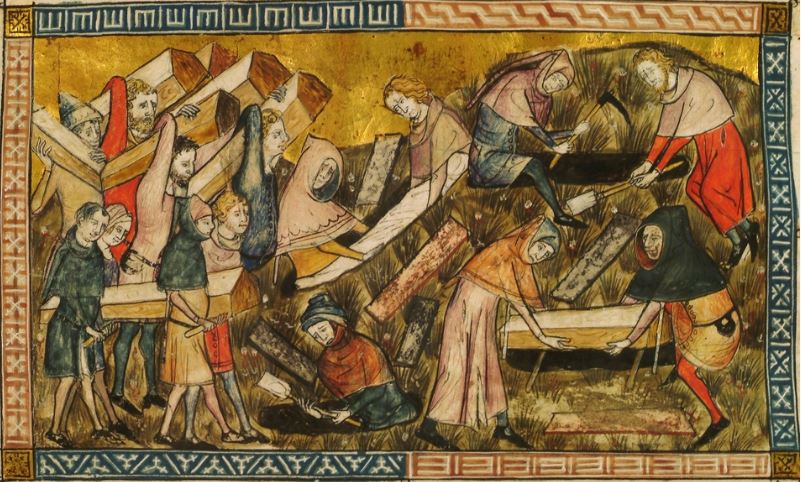 a medieval piece of art illustrating various figures preparing for the burials of victims of the black plague