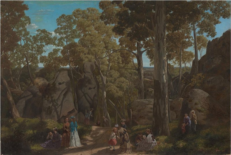 William Ford's painting "At the Hanging Rock Mt. Macedon"--a realist painting of a scene of rugged wilderness populated by school children in victorian dress