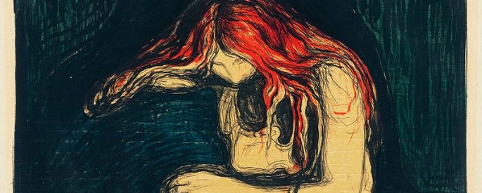 The Vampire II by Edvard Munch, depicting a man and woman against a dark background, the man bent over, his face obscured as the woman's bright red hair is draped across his head and neck
