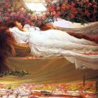 oil painting of a woman in a white dress reclining, asleep against a rosebush