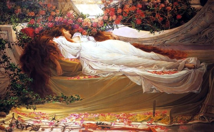 oil painting of a woman in a white dress reclining, asleep against a rosebush