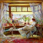 the painting "Reading by the Window" by Charles James Lewis--depicts a woman seated leisurely with her small dog on a chaise by an open window, beyond her are sail boats on a body of water