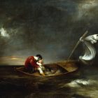 oil painting of prospero and miranda in a ship--prospero wears a red tunic, and weeps and is comforted by baby miranda as they sail on a dark body of water