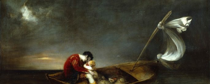 oil painting of prospero and miranda in a ship--prospero wears a red tunic, and weeps and is comforted by baby miranda as they sail on a dark body of water