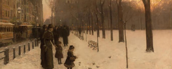 a painting of Boston covered in snow with a woman and two children in the foreground