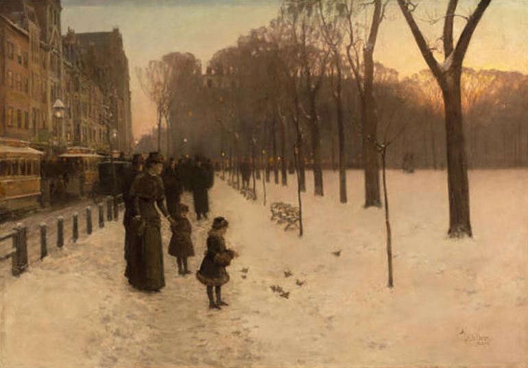 a painting of Boston covered in snow with a woman and two children in the foreground